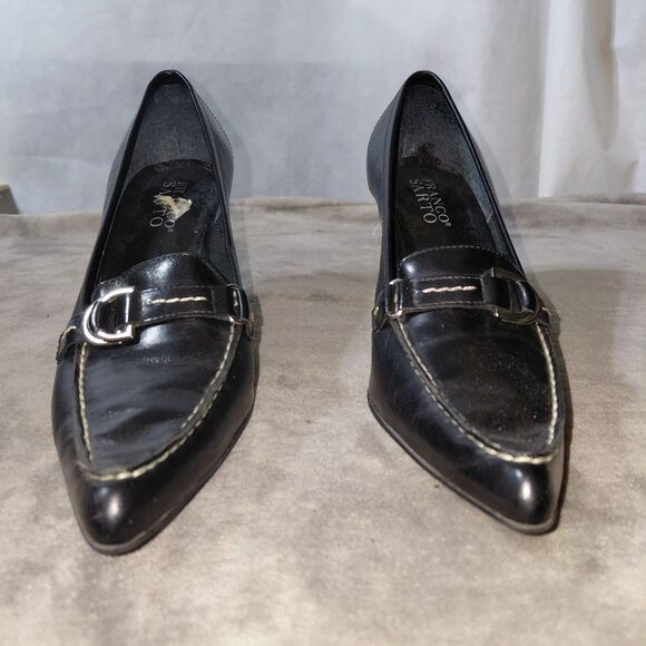 Franco Sarto Pump Heel Womens 8M Black Leather Pointed Toe High Stiletto Buckle - Picture 3 of 14